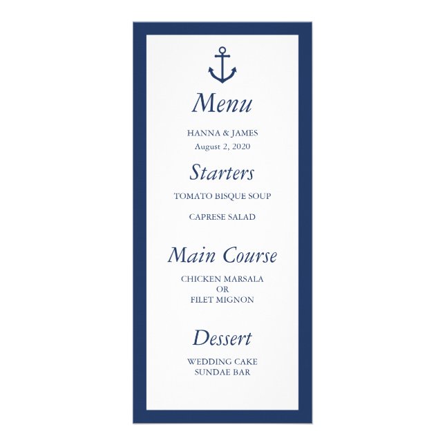 Menu Náutico de Casamento de Âncora Azul Marinho (Frente)