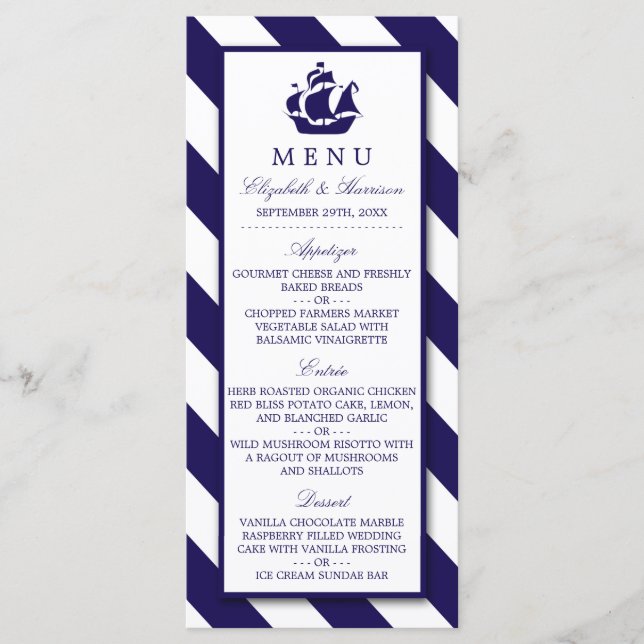 Menu Náutico de Casamento de Navios Azul Marinho (Frente)