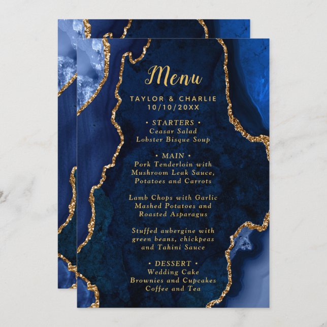 Menu Navy Blue and Gold Agate Marble Wedding (Frente/Verso)