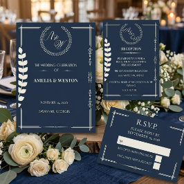 Menu Navy Blue and Ivory Elegant Monogram Wedding