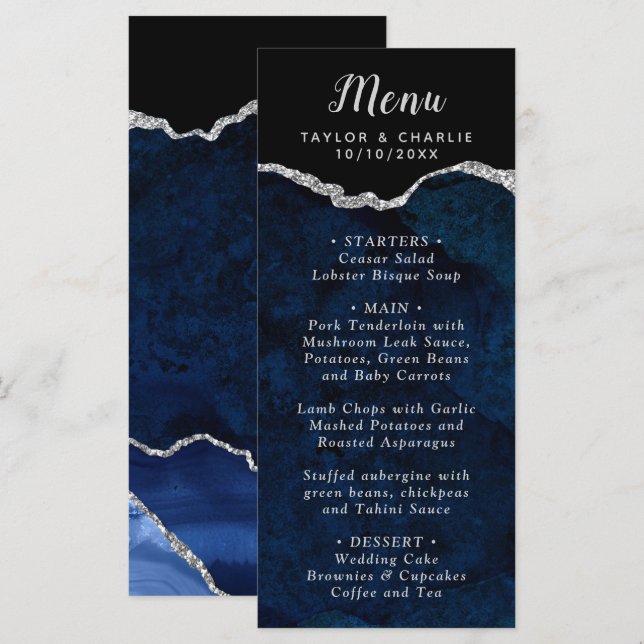 Menu Navy Blue and Silver Agate Marble Wedding (Frente/Verso)