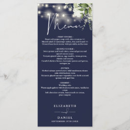 Menu Navy Blue Floral String Lights Wedding Dinner