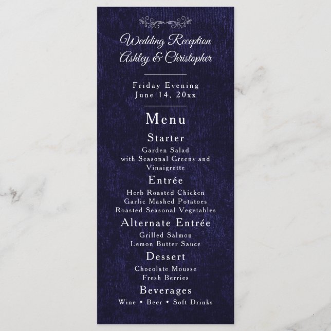 Menu Navy Blue White Script Wedding Reception  (Frente)