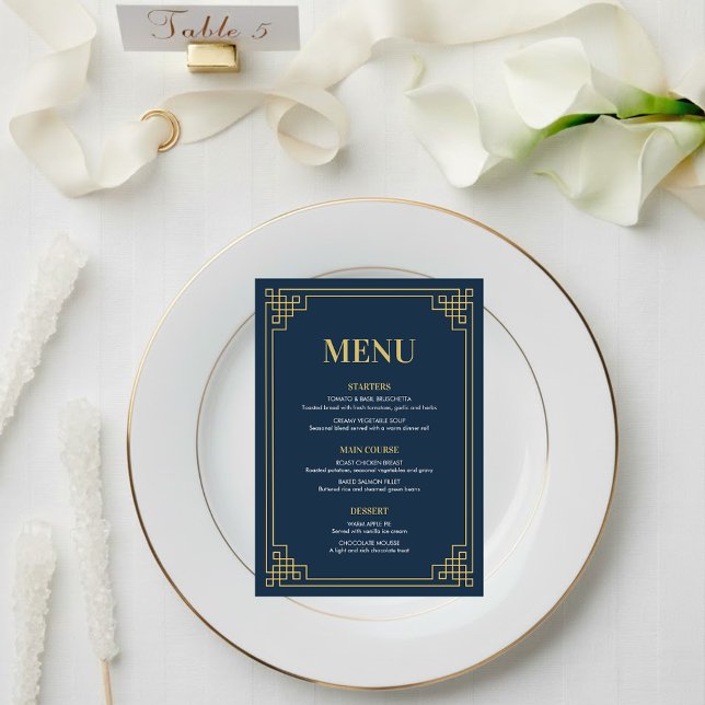 Menu Navy Gold Art Deco 80th Birthday Dinner Party (Criador carregado)