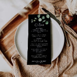 Menu Negra Eucalyptus Minimalista Clássico<br><div class="desc">Este clássico menu de casamento preto eucalipto minimalista é perfeito para elogiar um casamento rústico. A design apresenta uma bela fonte de caligrafia e uma aquarela verde eucalipto em fundo preto.</div>