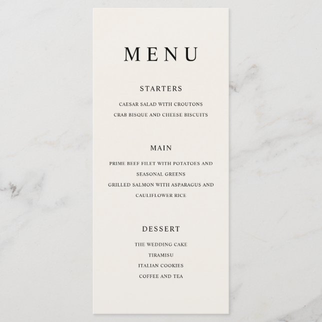 Menu Negra Minimalista Moderna e Casamento Ecru (Frente)