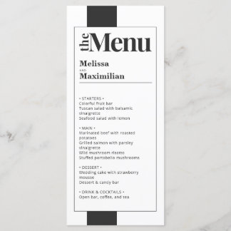 Menu Negra Mínimo e Branco de Casamento elegante