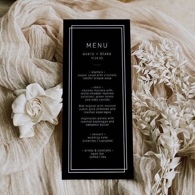 Menu Negra Moderno / Conjunto AVERY (Modern Black Wedding Menu / AVERY Suite)