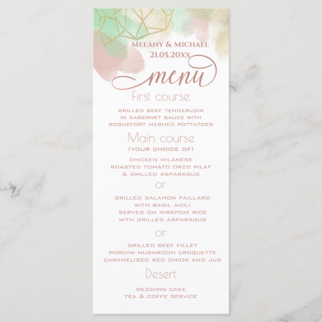 Menu Neomint rubor dourado aquarela geométrica (Frente)