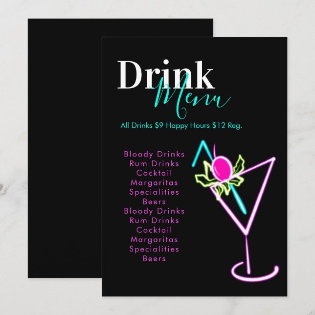 Menu Neon Bar Club Restaurant Drink (Frente/Verso)