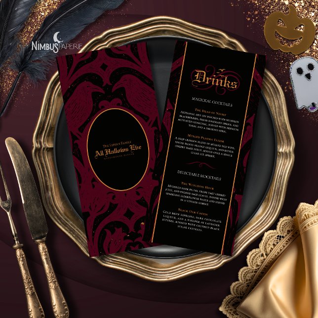 Menu Nevermore Damask | Bar de Halloween Gótico Borgonh (Criador carregado)