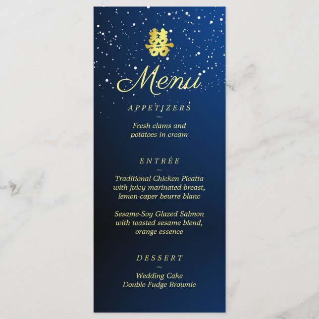 Menu Noiva chinesa flocos de neve azuis noite estrelada (Frente)