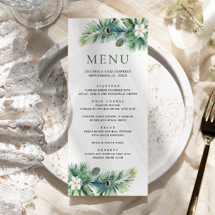 Menu Noiva de penas de pavão tropical verde indiano
