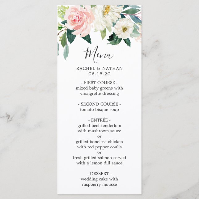 Menu Noiva Floral Rosa e Branco em Aquarela (Frente)