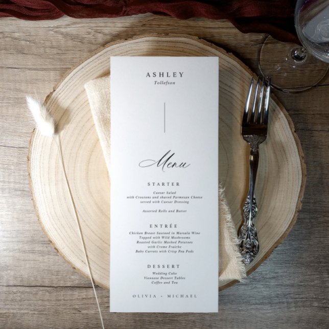 Menu Nomes de Convidados Individuais Elegantes em Cada  (Elegant wedding menus with guest names printed on each one at the top in minimalist modern style.)