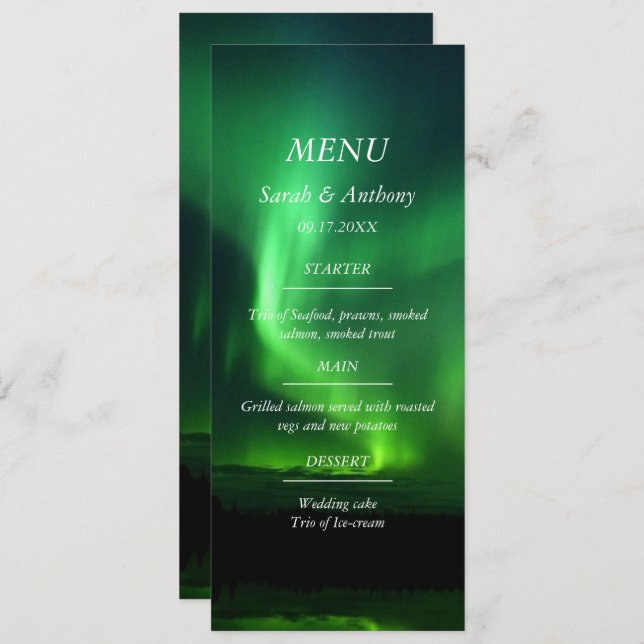 Menu Norte Luzes Aurora Borealis Comida de Casamento (Frente/Verso)