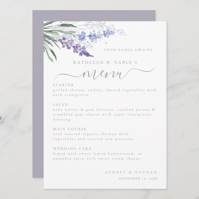 Menu Número da Mesa da Flor de Lavanda Cardápio de Casa (Frente/Verso)