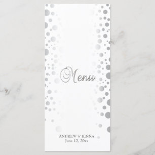 Menu O confete de prata à moda pontilha o fundo branco