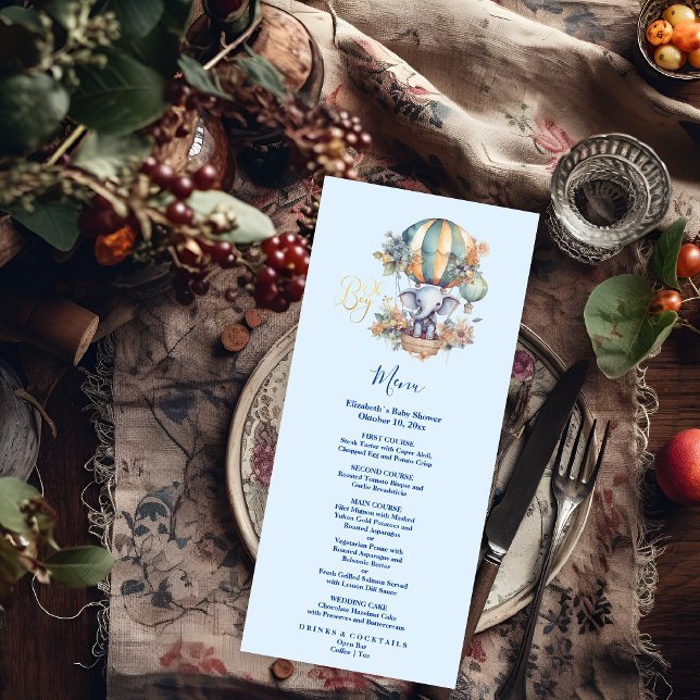 Menu Oh garoto chá de fraldas de elefante azul de aquar (Criador carregado)