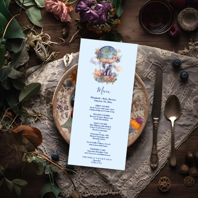 Menu Oh garoto chá de fraldas de elefante azul de aquar (Criador carregado)