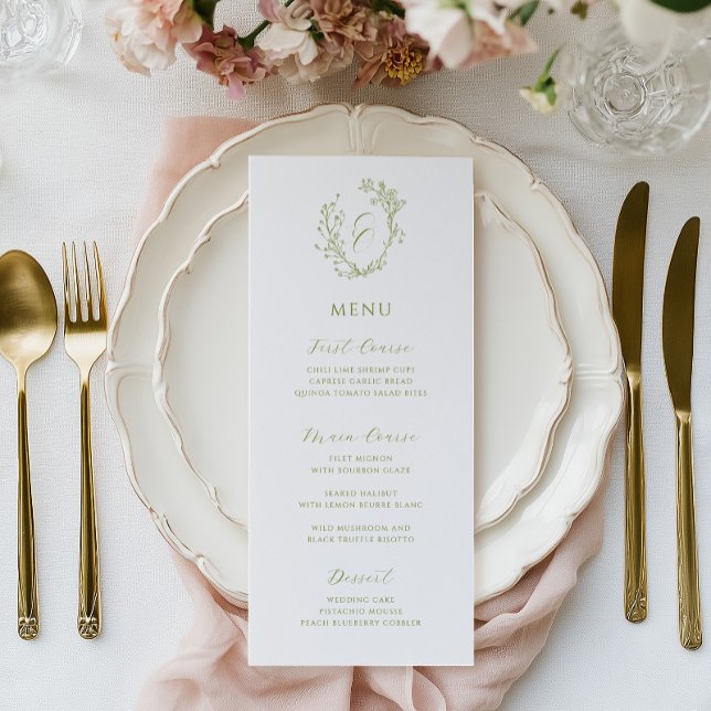 Menu Olive Line Art Floral Monogram Crest Wedding (Criador carregado)