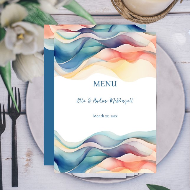 Menu Onda Azul de Cor Abstrata Moderna de Casamento (Modern Abstract Color Wave Wedding Reception Menu Card)