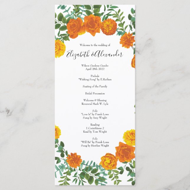 Menu Orange Rosa Wedding Floral Modern (Frente)