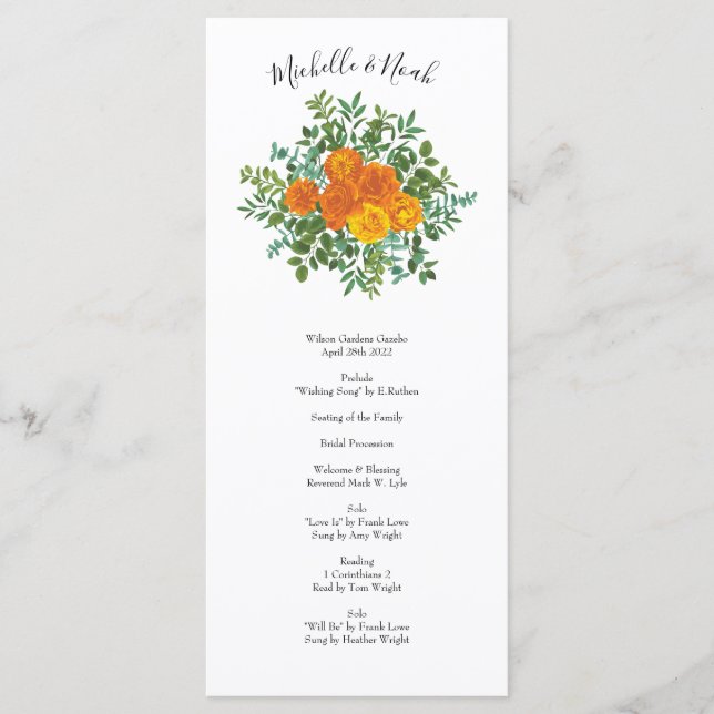 Menu Orange Rosa Wedding Floral Modern (Frente)