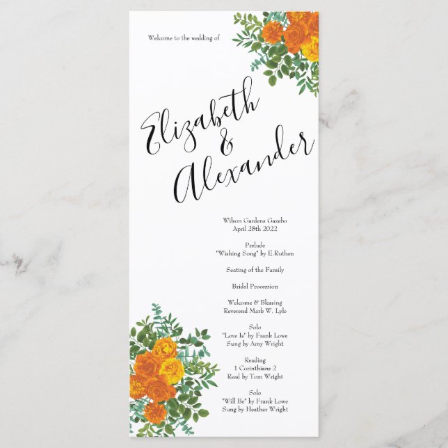 Menu Orange Rosa Wedding Floral Modern (Frente)