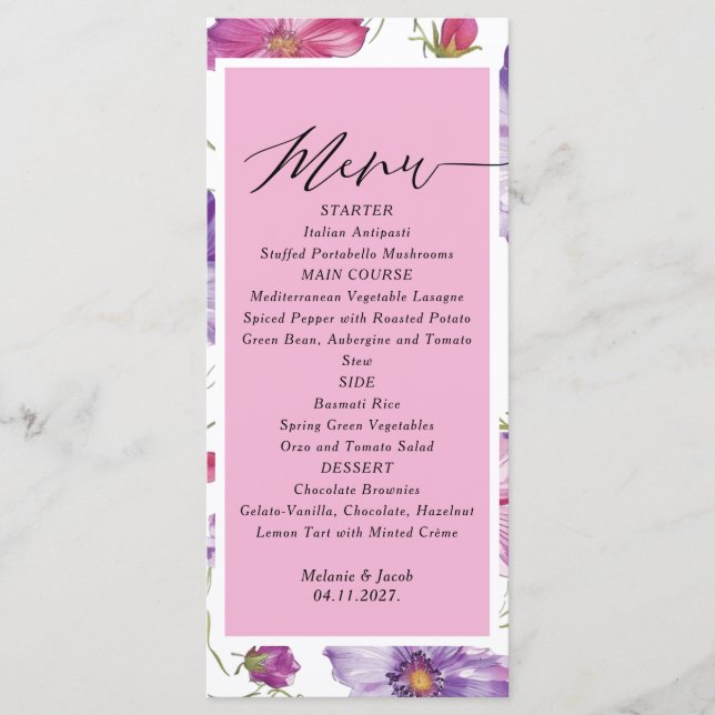 Menu Orçamento de Cardápio de Casamento com Flores Roxa (Frente)