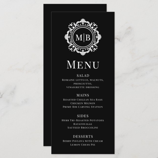 Menu Ornamentado Floral Monograma Casamento Elegante Pr (Frente/Verso)