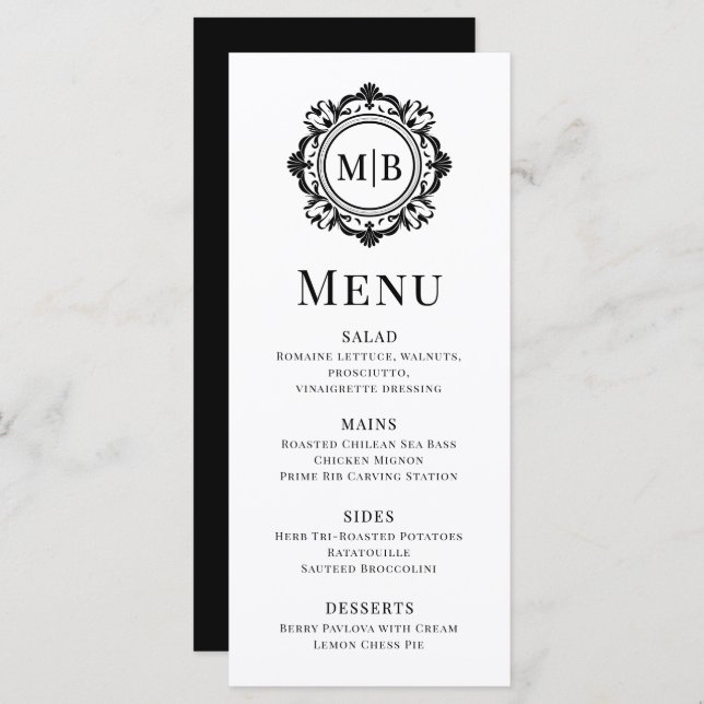 Menu Ornamentado Floral Monograma Casamento Elegante Pr (Frente/Verso)