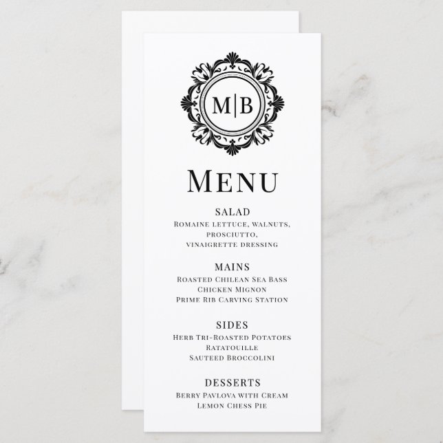 Menu Ornamentado Floral Monograma Casamento Elegante Pr (Frente/Verso)