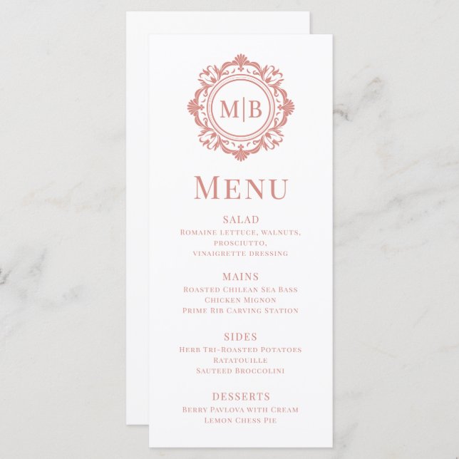 Menu Ornamentado Floral Monograma de Casamento Elegante (Frente/Verso)