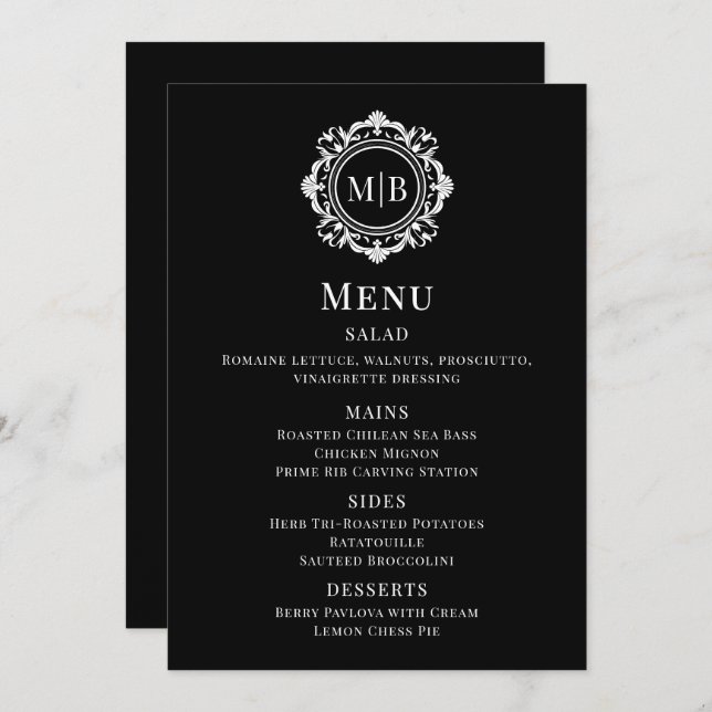 Menu Ornamentado Floral Monograma Preto de Casamento Br (Frente/Verso)