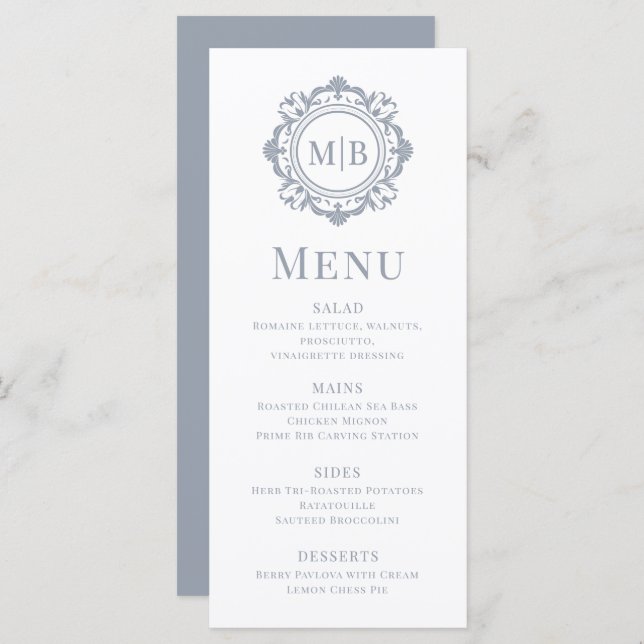 Menu Ornamentado Floral Monograma Silver Elegante De Ca (Frente/Verso)