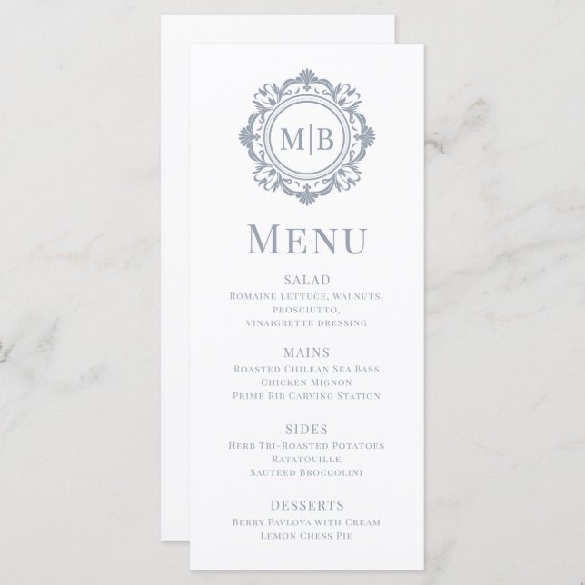 Menu Ornamentado Floral Monograma Silver Elegante De Ca (Frente/Verso)