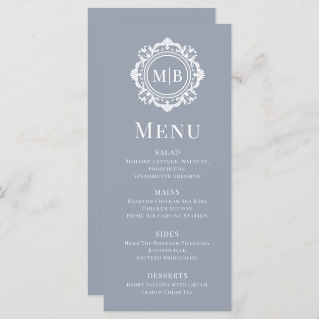 Menu Ornamentado Floral Monograma Silver Elegante De Ca (Frente/Verso)