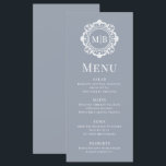 Menu Ornamentado Floral Monograma Silver Elegante De Ca<br><div class="desc">O ornamentado Floral Monograma Elegante Silver Menu de Casamento de Casamento apresenta as suas iniciais monogramas personalizadas em tipografia elegante rodeada por uma moldura floral ornamental e uma camada de texto personalizada. Adicione um pouco de estilo e sofisticação à sua experiência de jantar de casamento com estes menus refinados. Criado...</div>