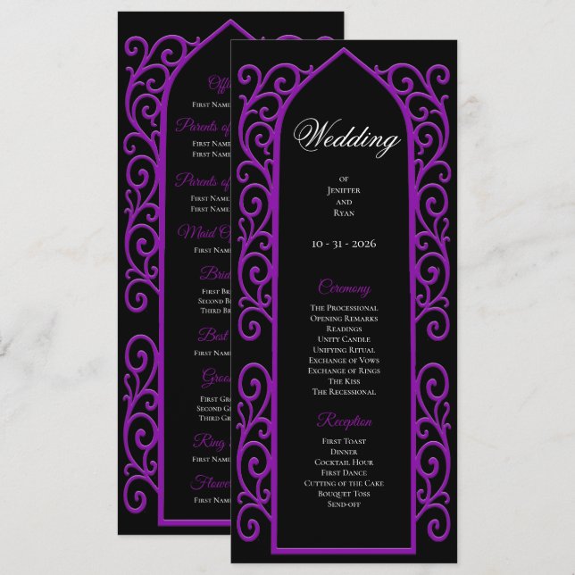 Menu Ornate black and purple Gothic Wedding Program (Frente/Verso)