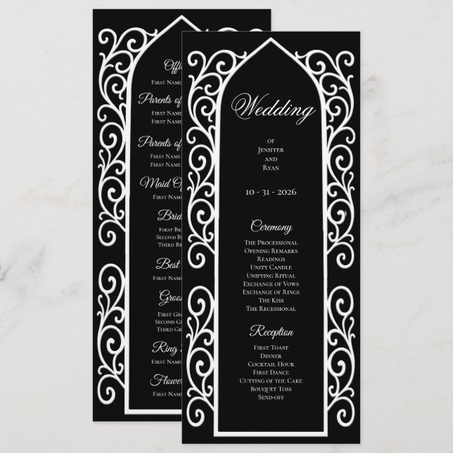 Menu Ornate black and white Gothic Wedding Program (Frente/Verso)
