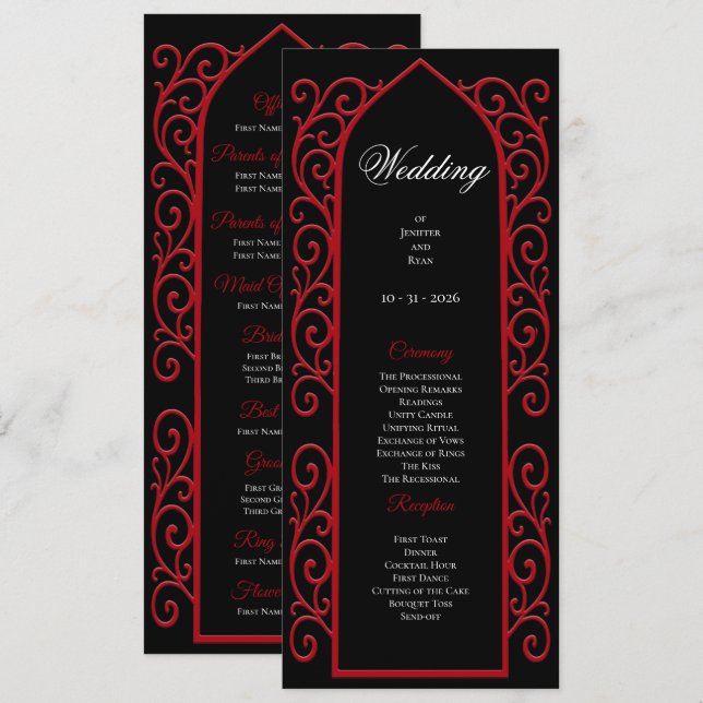 Menu Ornate Border black and red Gothic Wedding Program (Frente/Verso)