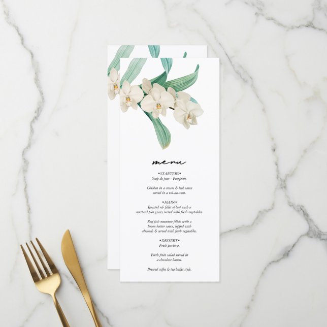 Menu Orquídeas Brancas Florais Casamento Aquarela (Frente/Verso In Situ)