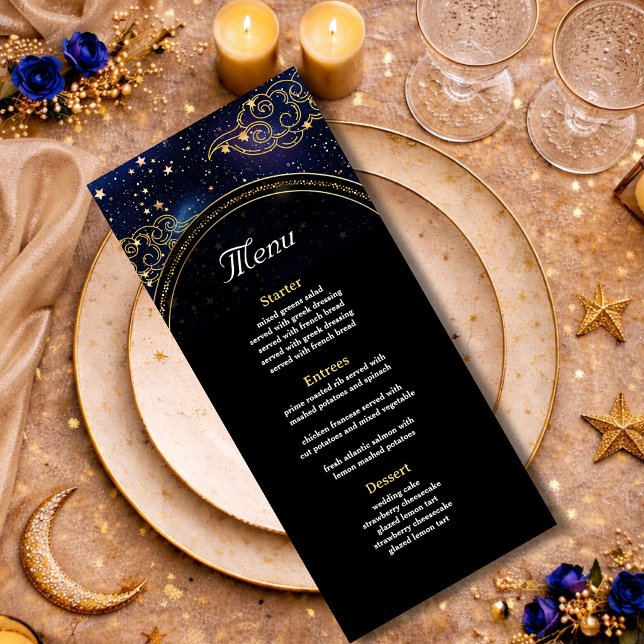 Menu Ouro azul astronomia celeste estrelas casamento (Criador carregado)