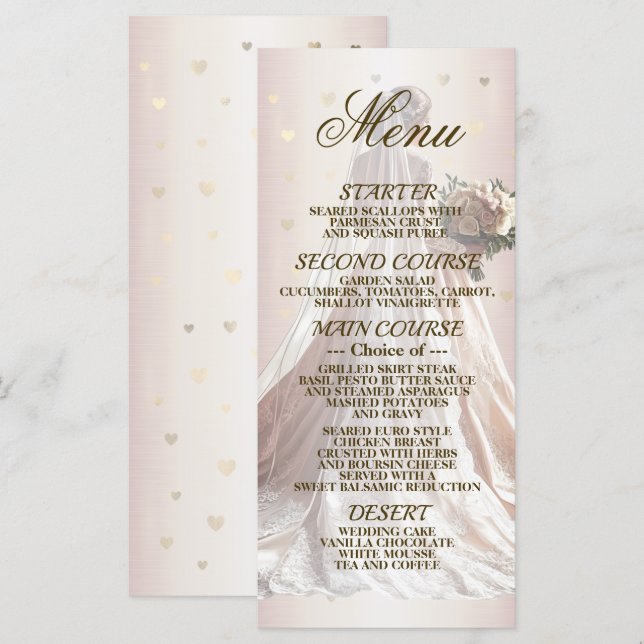 Menu Ouro Casamento no inverno Bride rosa Bride Coraçõe (Frente/Verso)