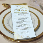 Menu Ouro elegante é casado azul com pó leve<br><div class="desc">Este belo menu irá adicionar algum estilo à sua recepção de casamento. Apresenta um belo design com caramujos de folha falsa de ouro ornamentado e espirais sobre um fundo azul pálido. Há espaço para os nomes do casal e da data do casamento, e o texto é totalmente personalizável. Classy, na...</div>
