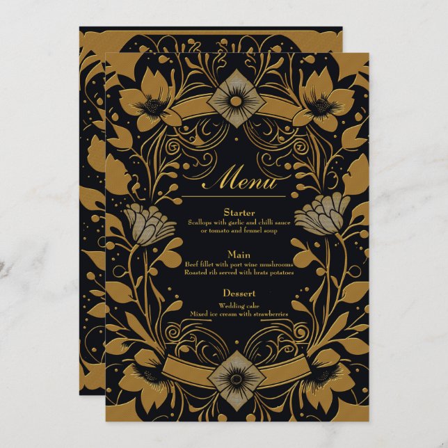 Menu Ouro elegante e design preto (Frente/Verso)