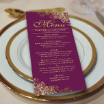 Menu Ouro elegante é um casamento com ameixa magenta<br><div class="desc">Este belo menu irá adicionar algum estilo à sua recepção de casamento. Ele apresenta um belo design com caracóis de folhas falsas e espirais de ouro ornamentado em uma magenta, ameixa vermelha, roxo do gabinete ou fundo colorido de morango. Há espaço para os nomes do casal e da data do...</div>