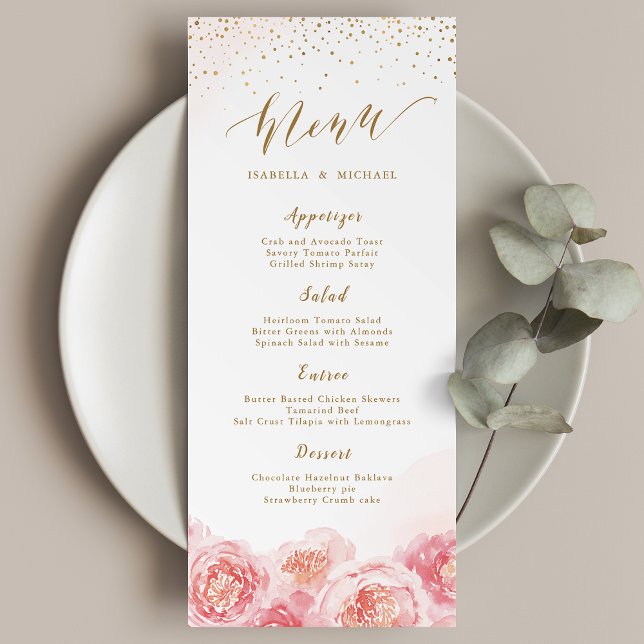 Menu Ouro para caligrafia elegante e casamento floral p (Elegant calligraphy gold & blush floral wedding menu)