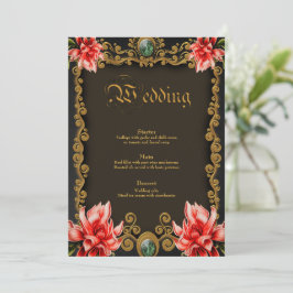 Menu Ouro real e design floral vermelho